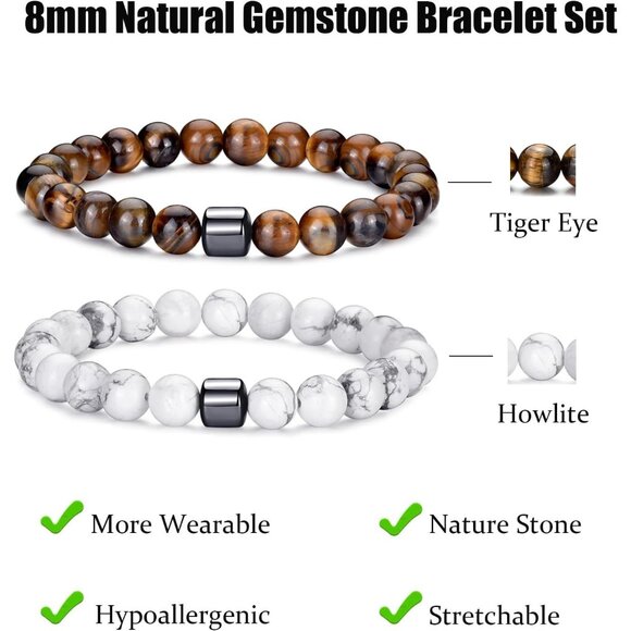 ⚡Rankeef Men 2 Tiger Eye White 8MM Natural Stone Crystal Beaded Bracelet - Picture 3 of 7